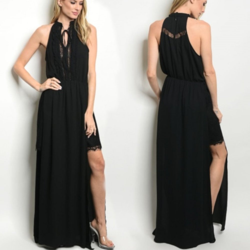 Luxurious Lace & Side Slits V-Neck Tie Maxi Dress!